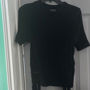 Express Black Ribbed Short Sleeve Top with Side Lace-Up